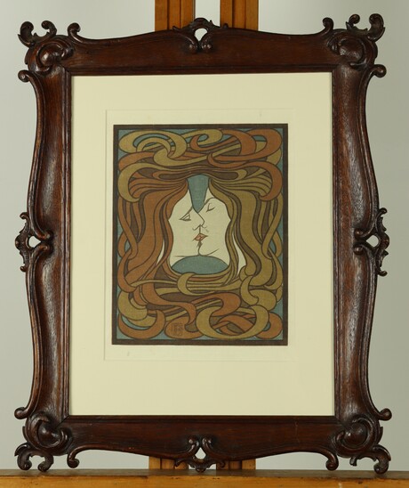 The kiss, wood engraving by Peter Behrens
