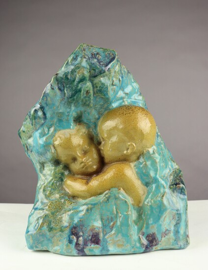 The kiss, enameled grès sculpture by Alfred Boucher