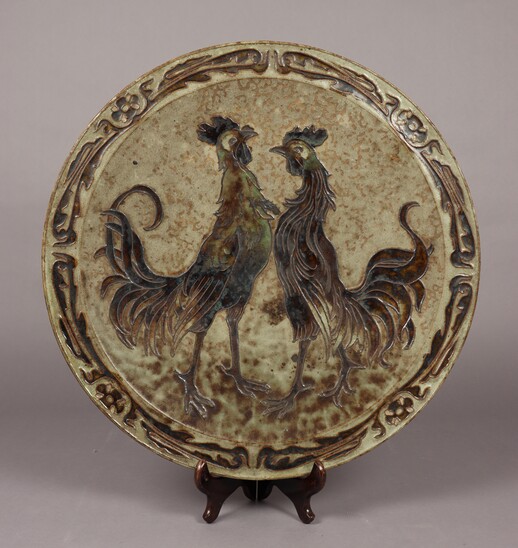 Large rooster dish by Pierre-Adrien Dalpayrat